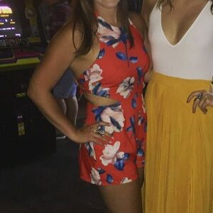 AKIRA Red Floral Cutout Romper with Blue & White Flowers